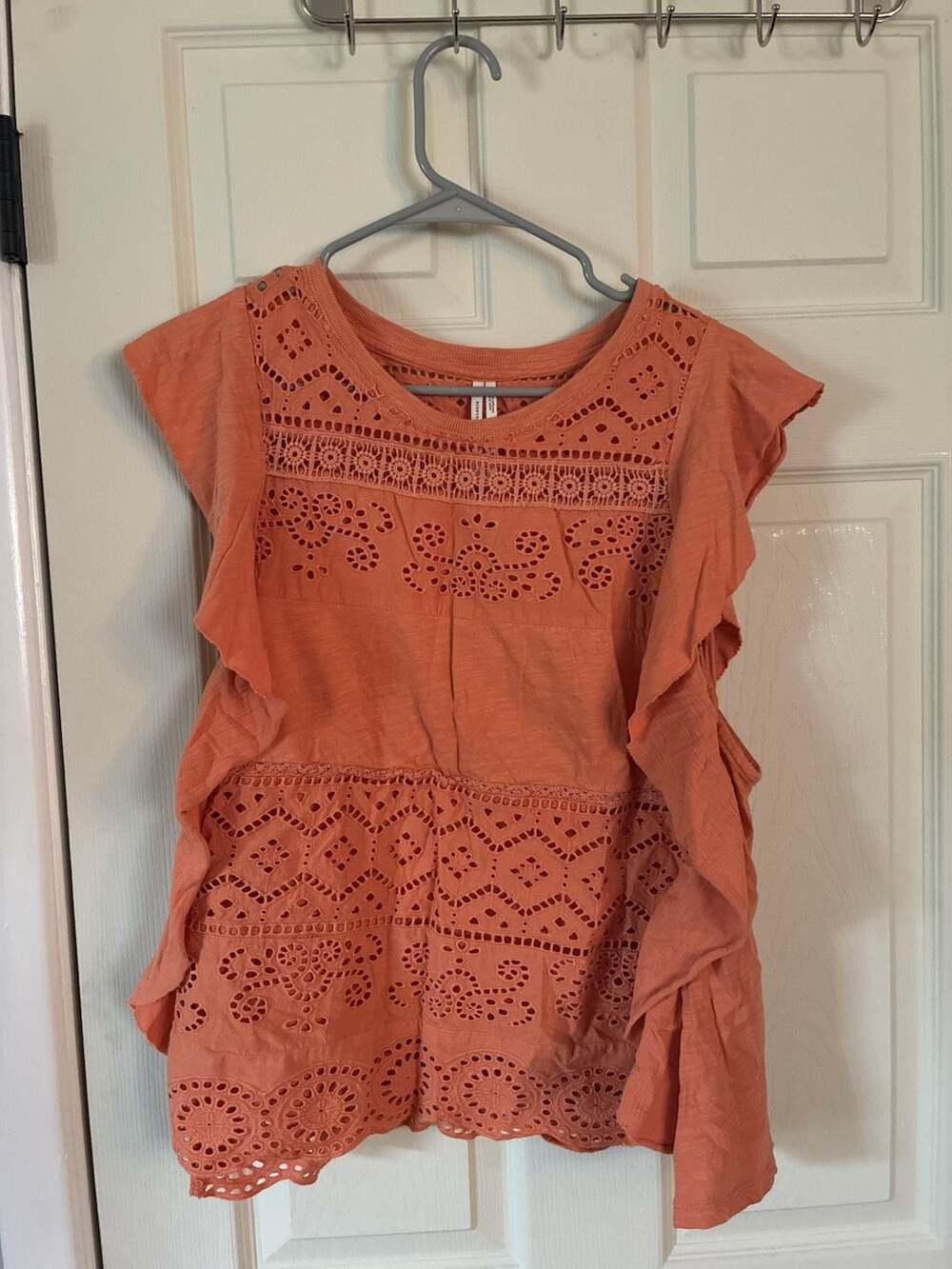 by Anthropologie Eyelet Blouse Size XL Orange Lace Ruffle Top